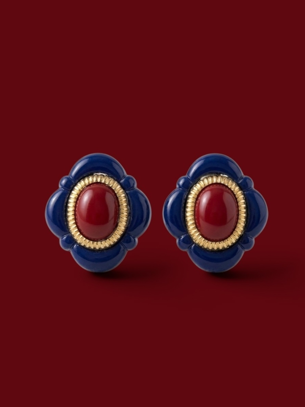 Avon Navy Blue and Red Gold-Accent Oval Stud Earrings